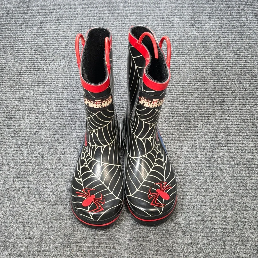 Marvel Spider-Man Rain Boots Kids Size 2/3 Black Red Web Graphic Pull-On Handles